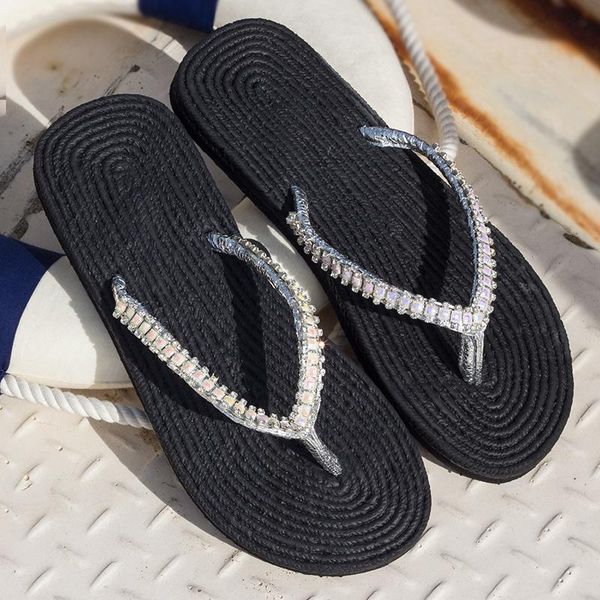 

outdoor flat flip flops rhinestone bling round toe comfortable beach holiday ladies slippers summer fashion causal women shoes, Black