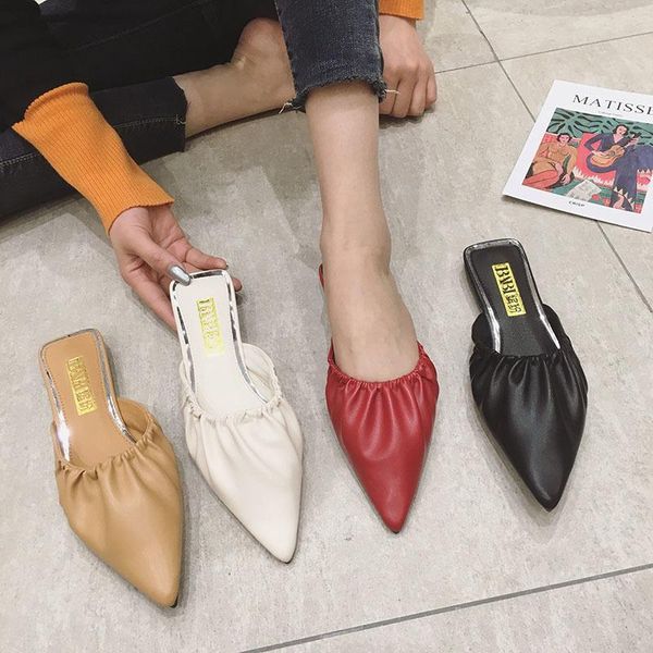 

slippers 2021 mules women pleated low heels shoes pointed toe shallow slides slip on chunky heel mule casual sandalias mujer, Black