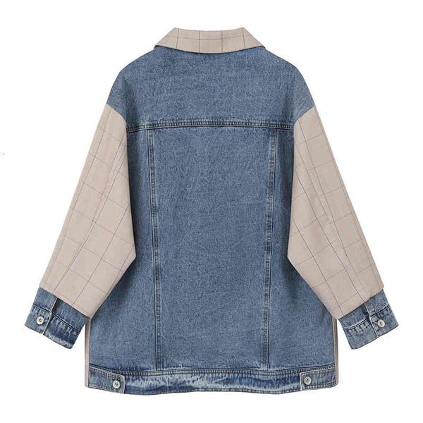 

women's suits & blazers [eam] women khaki plaid denim big size blazer lapel long sleeve loose fit jacket fashion spring autumn 2022 1x2, White;black