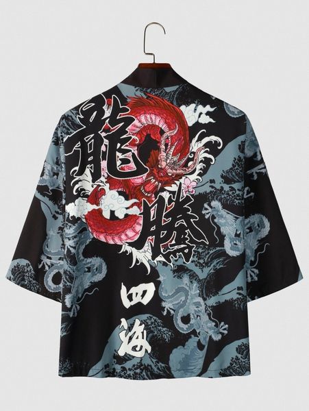 

men chinese character and dragon print kimono w9l8#, White;black