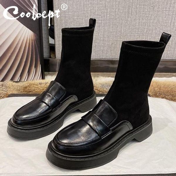 

boots coolcept fashion ankle shoes flat heel flock patchwark slip on sock boot winter ladies female footwear size 35-39, Black