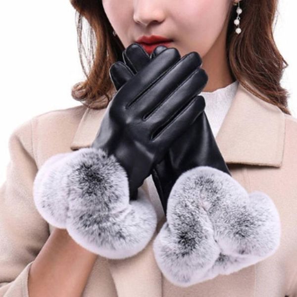 

sports gloves 1pair women winter warm lady black leather autumn fur mittens warmth warmer