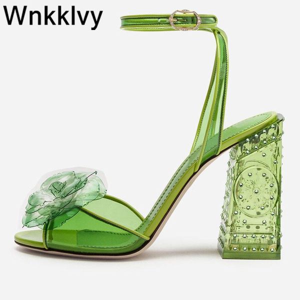 

summer sandals crystal transparent chunky high heels women clean pvc sandalias pink green flower decor party dress fairy shoes, Black
