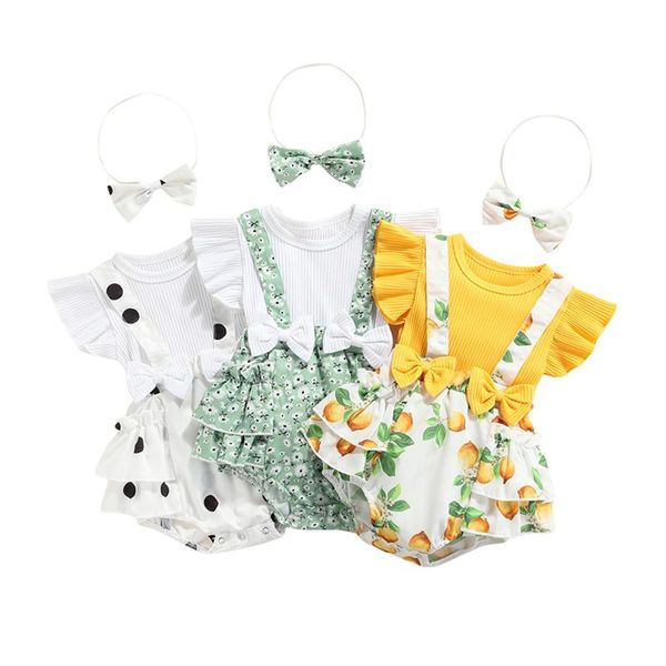 

rompers 2pcs sweet style baby girls outfit floral/lemon/dot printing sleeve splicing romper bow headwear set, Blue