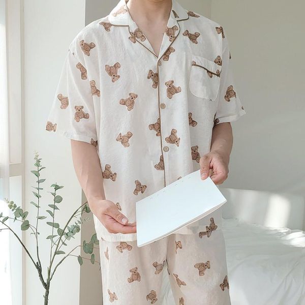 

men's sleepwear summer cotton bear cartoon print pajamas set for men japanese kawaii short sleeves plus size cardigan button two-piece, Black;brown