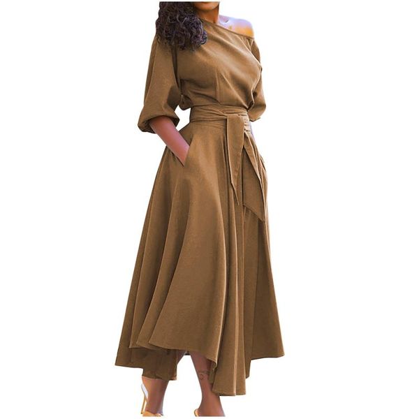 

casual dresses off shoulder dress irregular hem solid color maxi high street a-line with belt women's vestidos, Black;gray