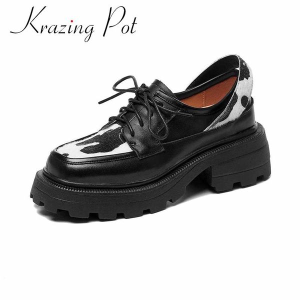 

krazing pot genuine leather round toe high heels mixed colors beauty girls daily wear vintage young lady lace up women pumps l13 dress shoes, Black