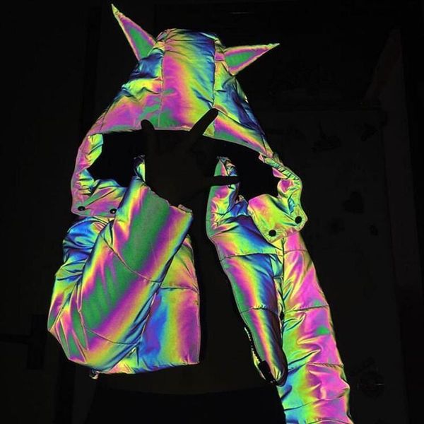 

women's jackets colorful reflective women cotton padded warm parka crop jacket winter coat long sleeve zipper outerwear 2utu, Black;brown