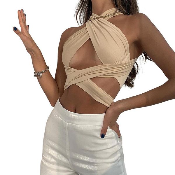 

summer fashion women's halter cross hollow navel vest tanks & camis, White