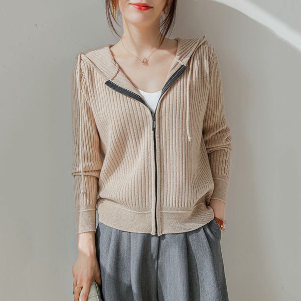 

coats coats 2021 spring autumn winter elasticity coat 100% pure wool sweater women sweaters knitted hooded warm lady's grade up cardiga, Tan;black