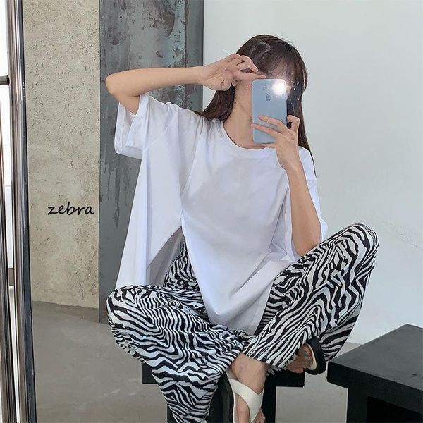 

women's two piece pants 2021 set women korean version loose-fitting short-sleeved t-shirt and trend zebra print wide-legged two-piece, White