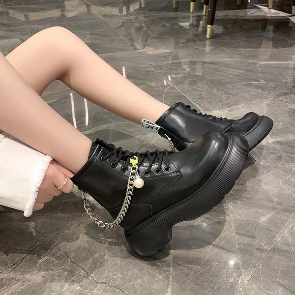 

boots gothic black women chunky heel platform female leather chain punk style ankle lace up plus size