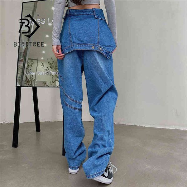 

spring new women vintage high waist patchwork boyfriend jeans cargo baggy denim pants autumn wide leg long trousers b0d801f 210430, Blue