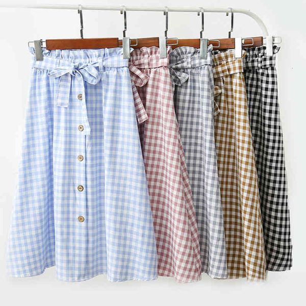

skirts girls plaid a-line skirt spring summer preppy candy check sweet sashes pleated below knee long mid 6uph, Black