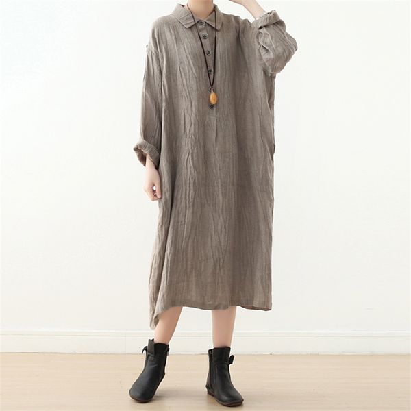 

johnature women linen shirt dresses turn-down collar long sleeve solid color female autumn vintage dress 210521, Black;gray