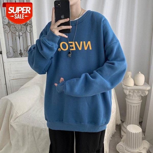

yemi fashion | round neck pullover sweater men's korean style trend plus velvet thick long sleeve hong kong loose #by8b, Black