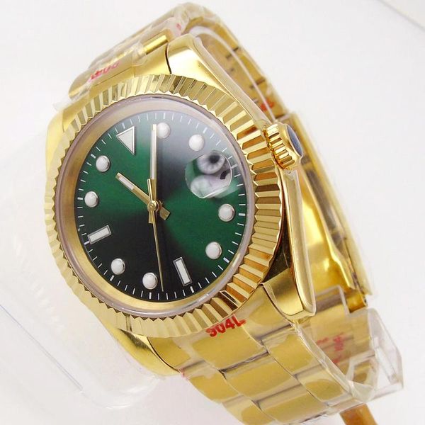 

wristwatches 36mm/39mm gold plated sapphire men's watch miyota 8215/nh35 fluted bezel lume oyster band green dial date cyclops, Slivery;brown