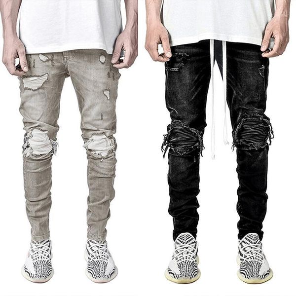 

men's jeans men stylish skinny distressed solid color ripped holes vintage destroyed washed slim wild casual stretch denim trousers, Blue