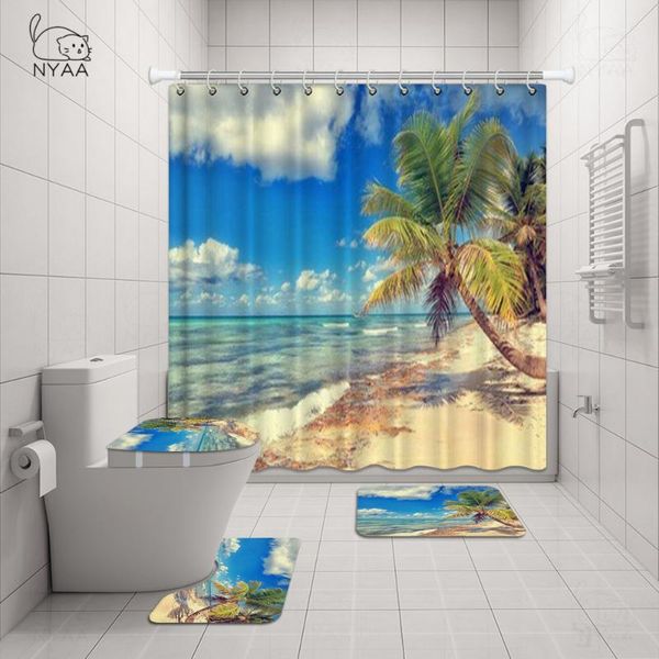 

colorful beach fabric shower curtain bathroom sea conch starfish shell boat rug sets toilet cover mat set bath accessory