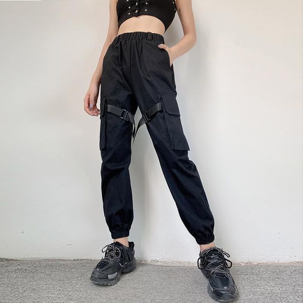 

women's pants & capris straps bandage pockets harajuku elastic waist hip hop cargo female buckle black trousers high, Black;white