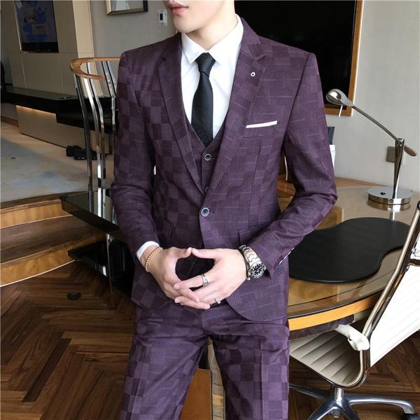 

spring men's wedding slim suit fashion boutique grid formal business suits three-piece male smart casual & blazers, White;black