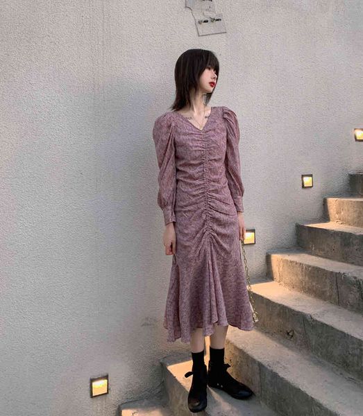 

spring autumn french elegant women's vintage fishtail dress v-neck folds floral kawaii with puff sleeves dresses ladies 210514, Black;gray