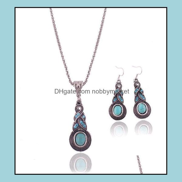 Ohrringe Halskette Schmuck Sets Mode Vintage Muster Blauer Kristall Türkis Anhänger Für Party Frauen Kleider Accessoires Verkauf 10 Tropfen Lieferung