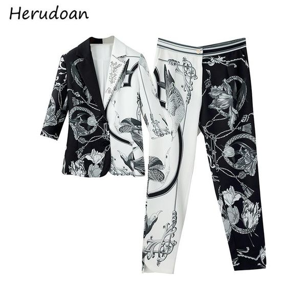 

women's tracksuits herudoan designer autumn fashion streetwear sets black white patchwork print and ankle-length pants two pieces suit, Gray