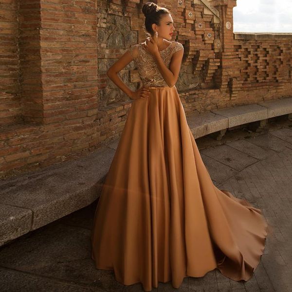 

party dresses elegant gold satin floor length evening dress sleeveless cap sleeves with lace gown sweep train scoop neck vestidos 2021, White;black