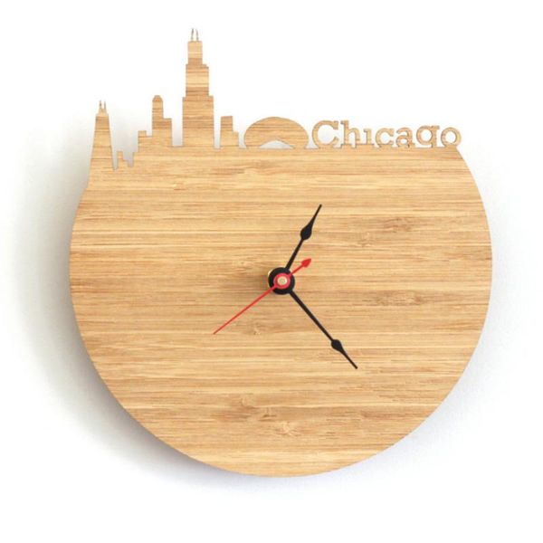 

wall clocks natural bamboo chicago clock skyline design watch memorial pography decoration modern city