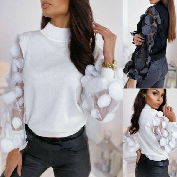 

women's blouses & shirts women 2021 autumn shirt elegant contrast mesh patchwork sleeve lantern ladies solid dot print, White