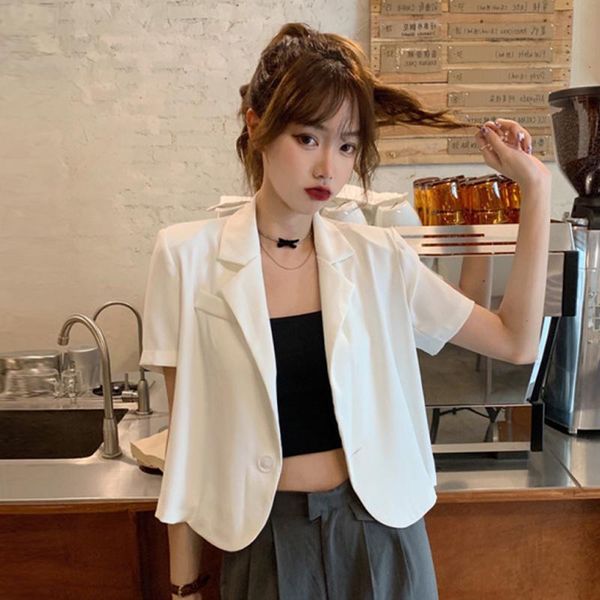 

women's suits & blazers womens solid short sleeve summer fashion crop single button korean design loose notched female, White;black
