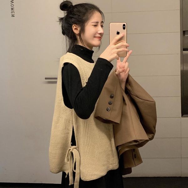 

women's vests spring autumn women sweater waistcoat 2021 harajuku womens elegant fashion lace up pullover knitting outerwear vest, Black;white