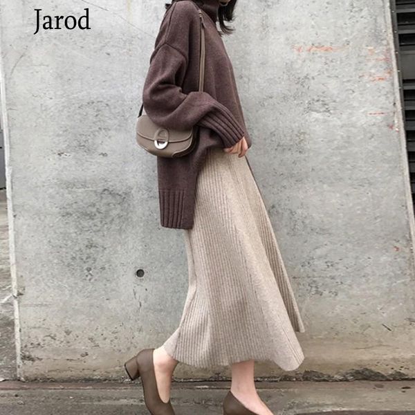 

autumn winter knitted 2 piece set women turtleneck long sleeve loose sweater + casual skirt suit lady twinset two dress, White