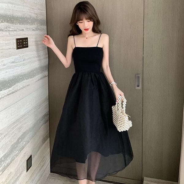 

casual dresses 2021 summer arrival fashion elegant women spaghetti-strap sleeveless vestidos elastic waistline patchwork midi, Black;gray