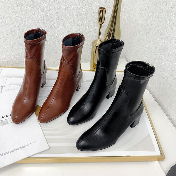 

boots 2021 women shoes pu leather elegant round toe square high heel zipper autumn winter stretch ankle big size 34-43, Black
