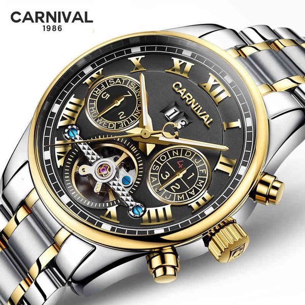 

watches men carnival brand 2021 luxury fashion sports sapphire man clock automatic mechanical relogio masculino, Slivery;brown