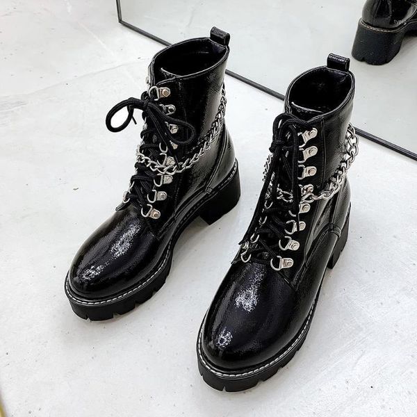 

boots sarairis punk girl cool chain ankle platform lace up square heel fashion women winter ins shoes woman1 fx0f, Black