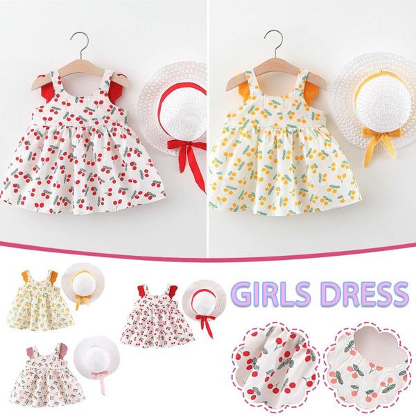 

girl's dresses summer toddler child baby girl solid color print suspender dress with hat girls princess vestidos de verano ropa niÃ±a, Red;yellow