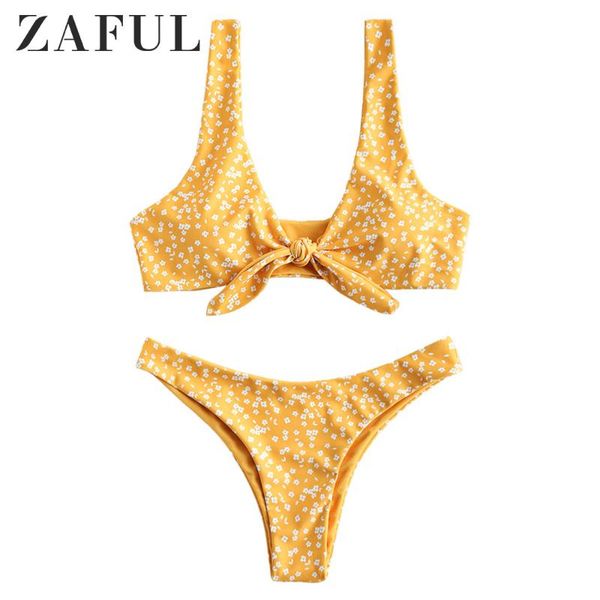 

women's swimwear zaful women knot front floral bikini plunging neck wire bathing suit padded low waisted reversible set sexy, White;black