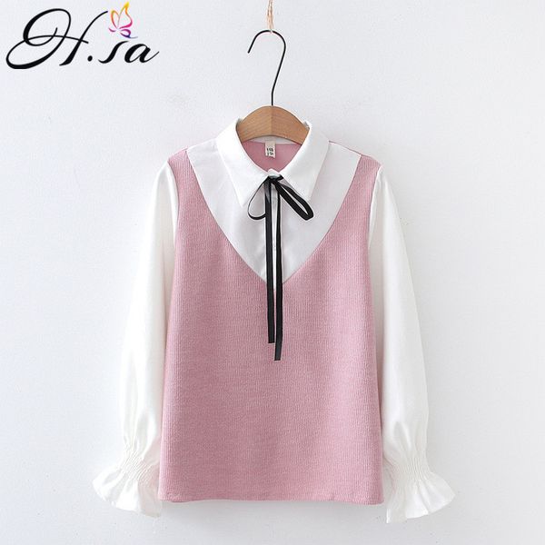 

hsa women spring blouses cusual elegant shirts bow tie flare sleeve chic blusas fake 2 pcs vest suit white blusa mujer 210417