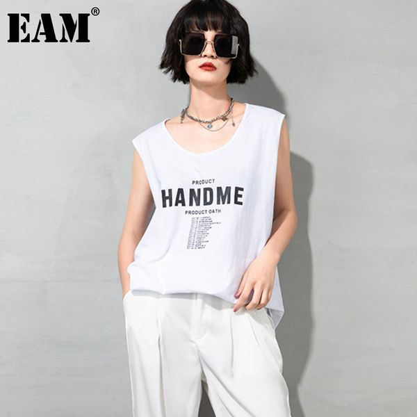 

[eam] women white letter print big size casual loose t-shirt round neck sleeveless fashion spring summer 1dd8138 210512