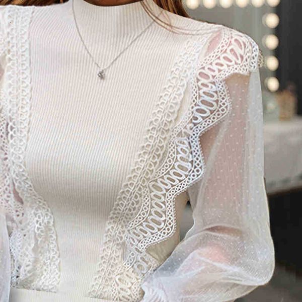 

women's jumpsuits & rompers fashion patchwork mesh lace blouse women casual half-turtleneck ruffle blusa elegant off 4hgh, Black;white