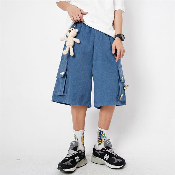 

fashionable shorts bear doll pendant corduroy overalls for men, White;black