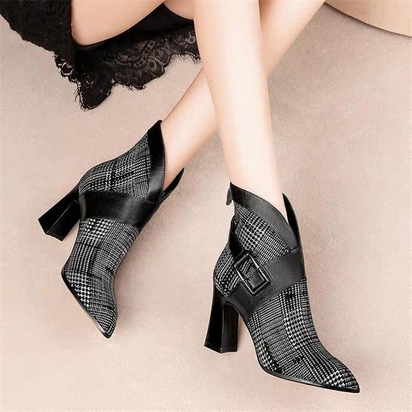 

boots women autumn and winter v-neck high heels ankle shoes leather booties feminina woman wedding party, Black