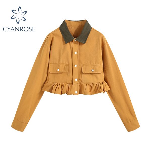 

ruffle patchwork crop jacket women's cardigan single breasted coat lapel streetwear retro stylish ruched short outer 210417, Black;brown