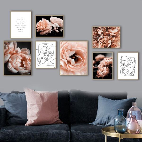 

paintings pink peony love abstract line quote warm wall art canvas painting nordic posters and prints pictures for living room decor