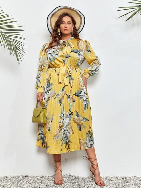 

plus tropical print tie neck pleated hem belted satin dress x1ay#, Black