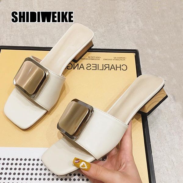 

fashion square buckle high heels summer shoes woman metal leather mid heel female open slippers women vc224, Black