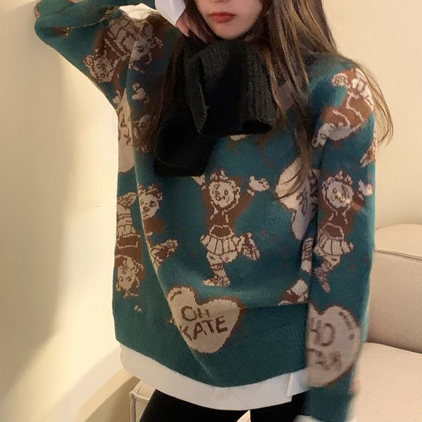 

Women's Sweaters Merry Christmas retro chic teddy bear loosely oversize lazier mesh style all-match outwear cute kawaii jumpers IORE, White;black